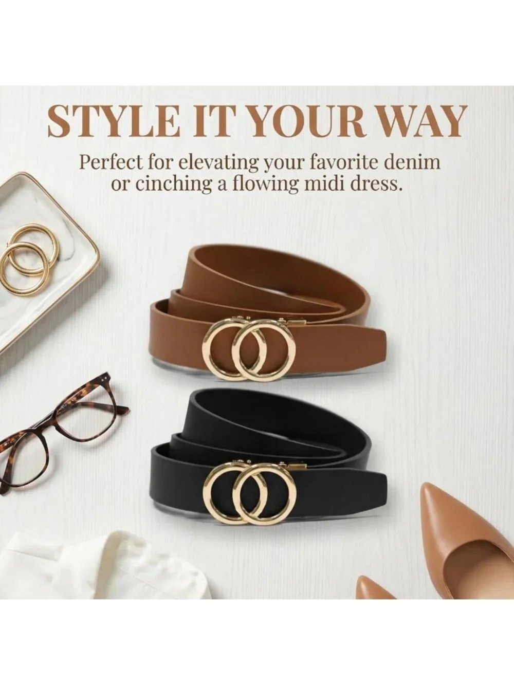 2-Pack Women's Genuine Leather Slim Waist Belts with Gold Buckle | Classic
